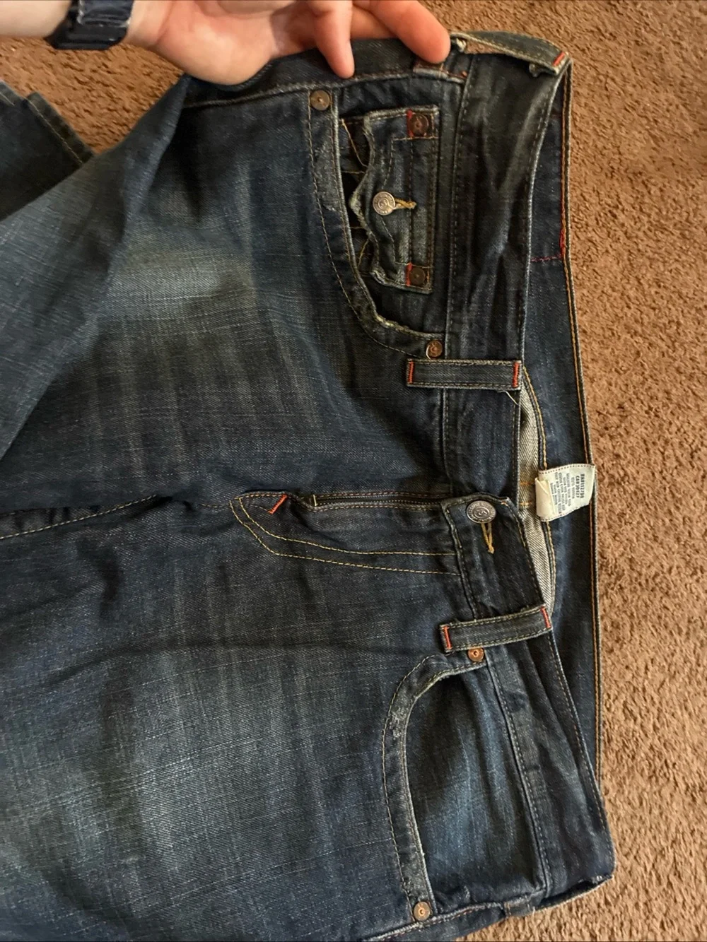 True religion Men's Dark Blue Distressed Straight-Leg Jeans 36 vtg